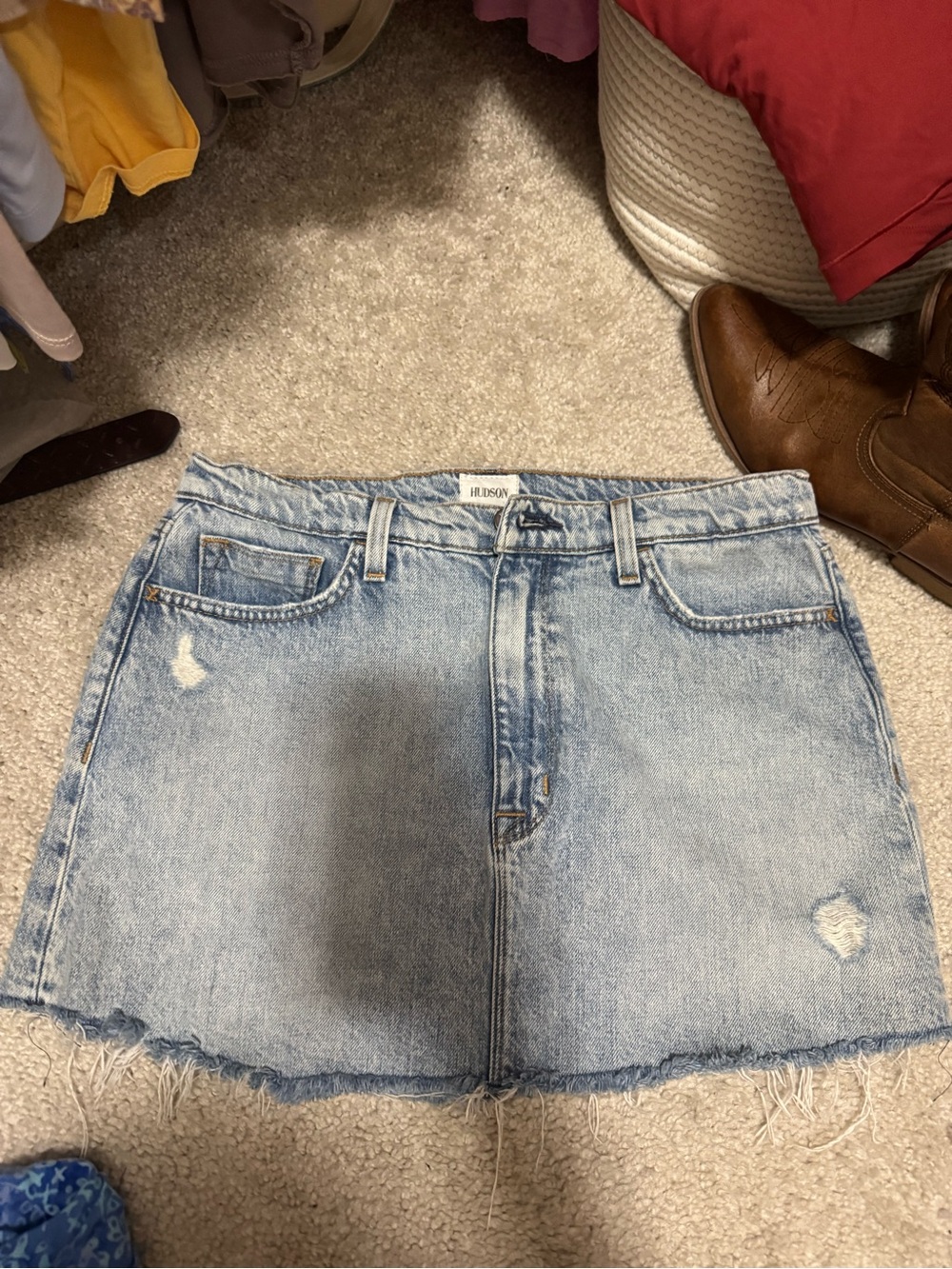 Hudson Jeans Faded Light Blue Distressed Denim Mini Skirt